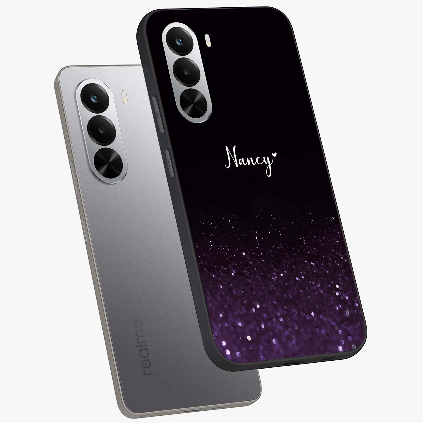 Glittery Purple Bokeh Custom Name Glass Case displayed in angled mockup highlighting glitter bokeh pattern with custom name feature.