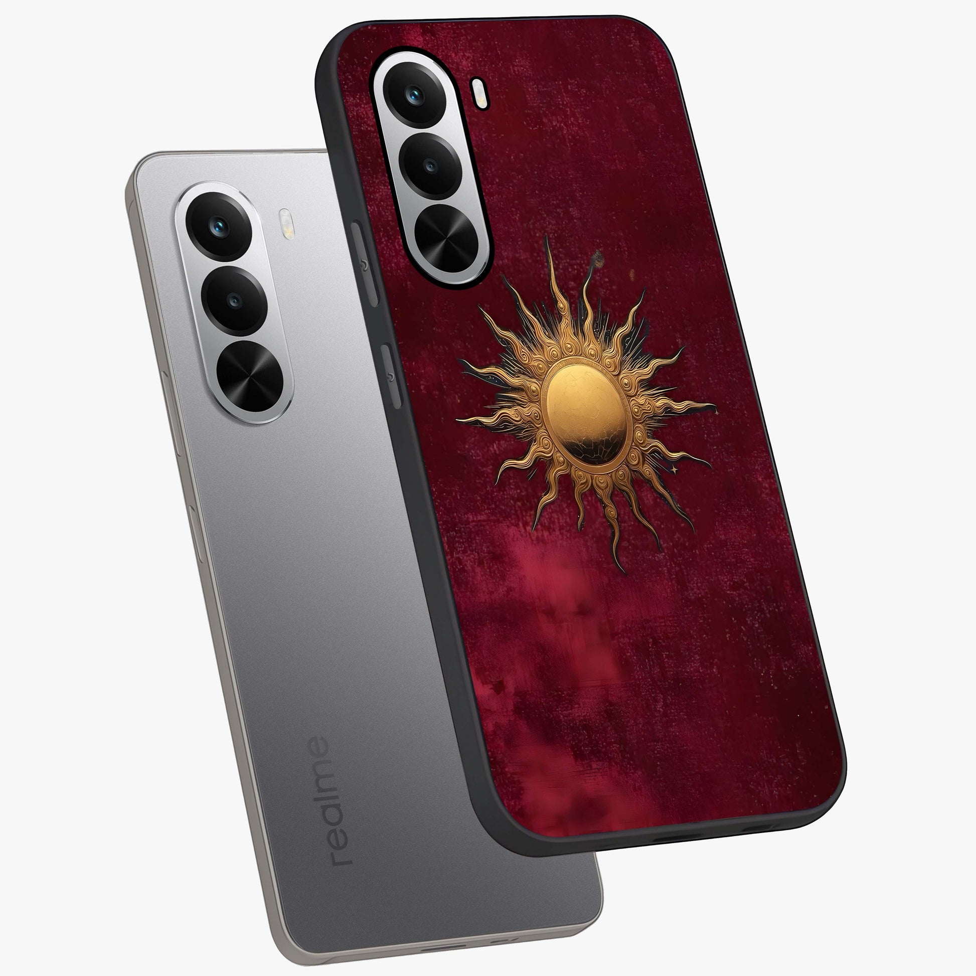 Golden Sun Minimalism Glass Case displayed in angled mockup highlighting clean sun symbol design with modern minimal aesthetic.
