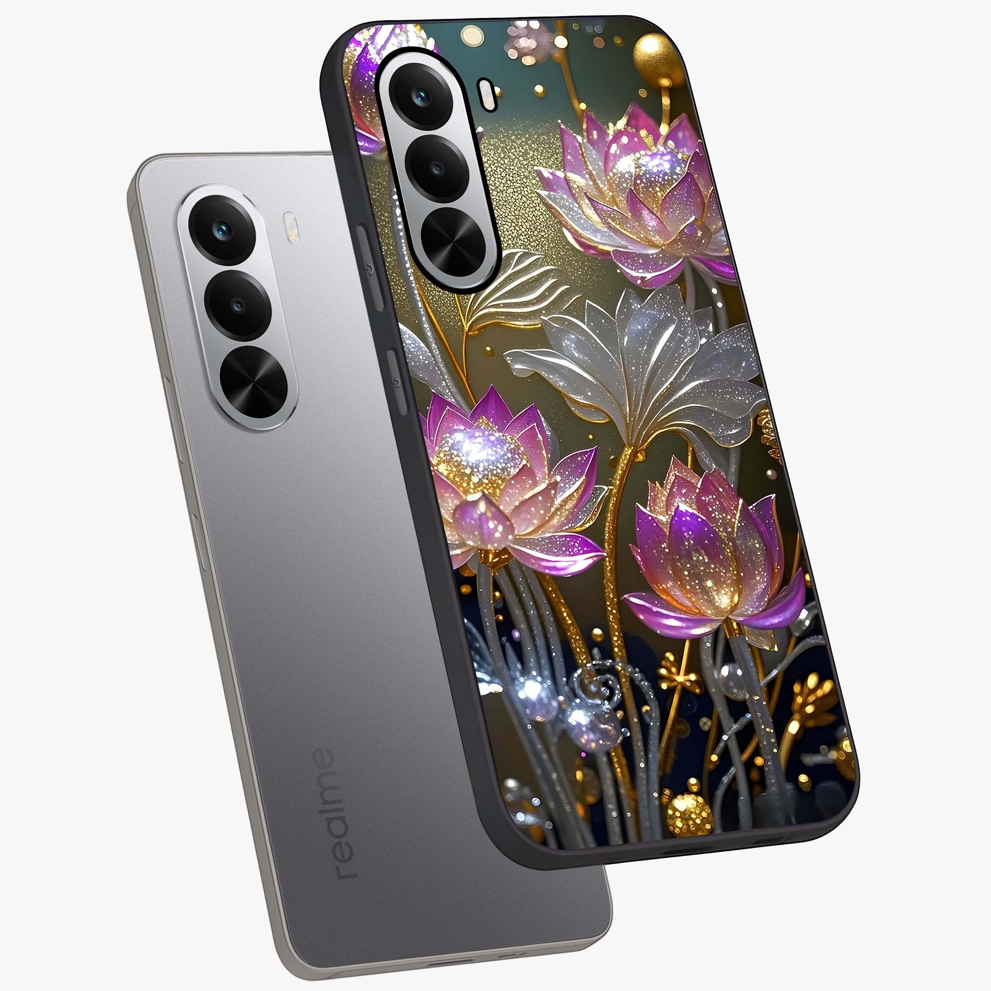 Golden Floral Majesty Glass Case displayed in angled mockup highlighting elegant flower design with royal golden aesthetic.