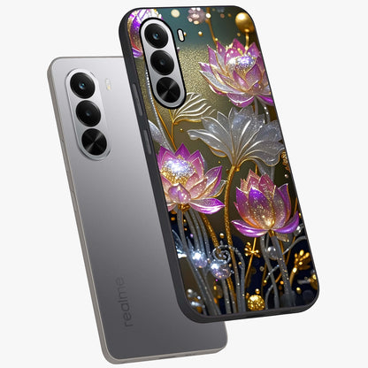 Golden Floral Majesty Glass Case displayed in angled mockup highlighting elegant flower design with royal golden aesthetic.