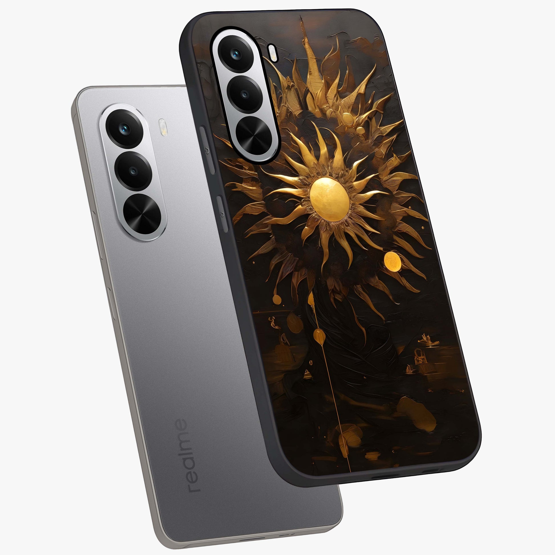 Golden Sun Majesty Glass Case displayed in angled mockup highlighting eerie shadow illustration with gothic aesthetic.