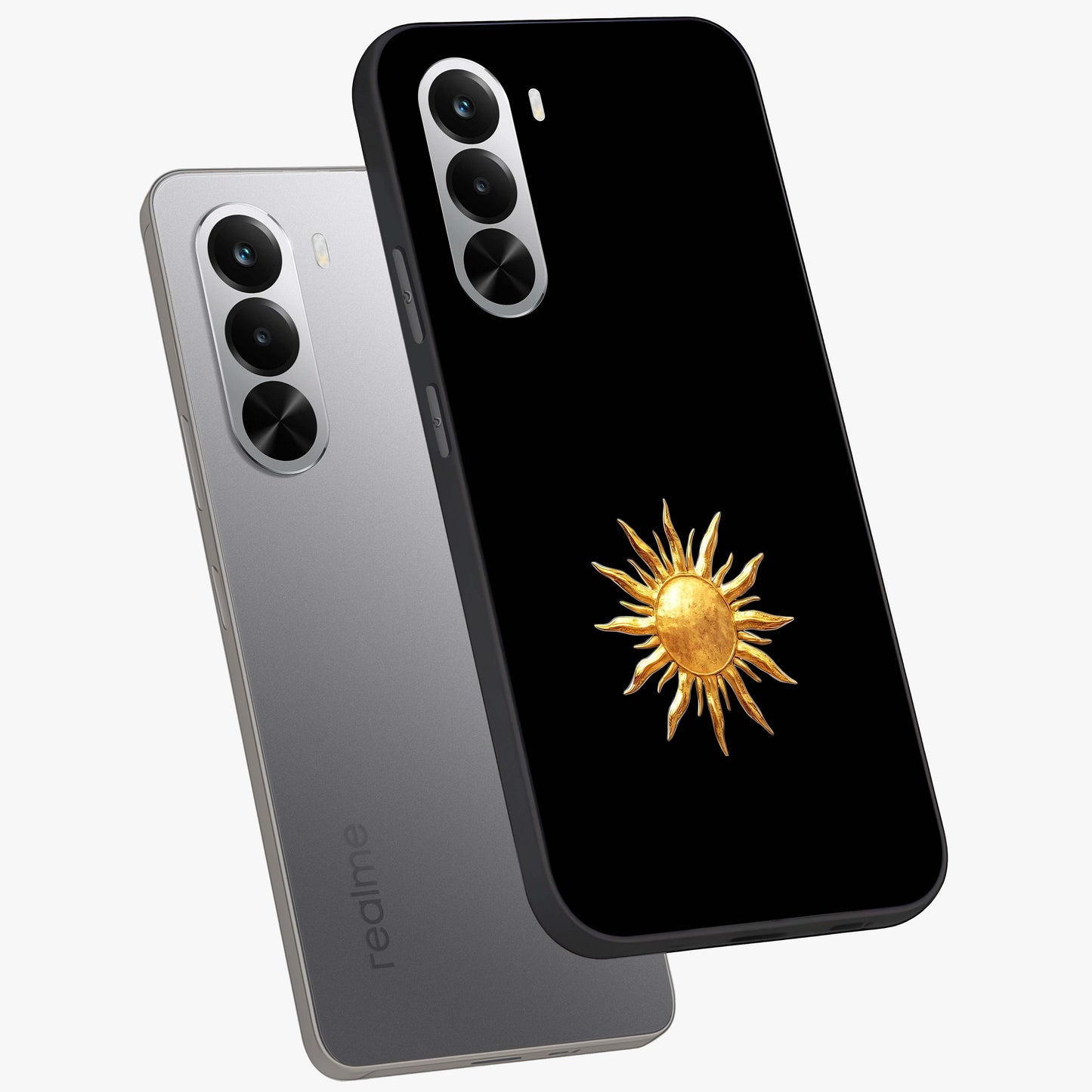 Golden Sun Minimalism Glass Case displayed in angled mockup highlighting eerie shadow illustration with gothic aesthetic.