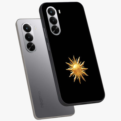 Golden Sun Minimalism Glass Case displayed in angled mockup highlighting eerie shadow illustration with gothic aesthetic.