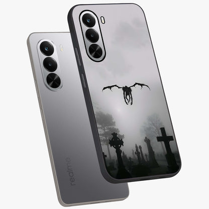Graveyard Shadow Descent Glass Case displayed in angled mockup highlighting eerie shadow illustration with gothic aesthetic.