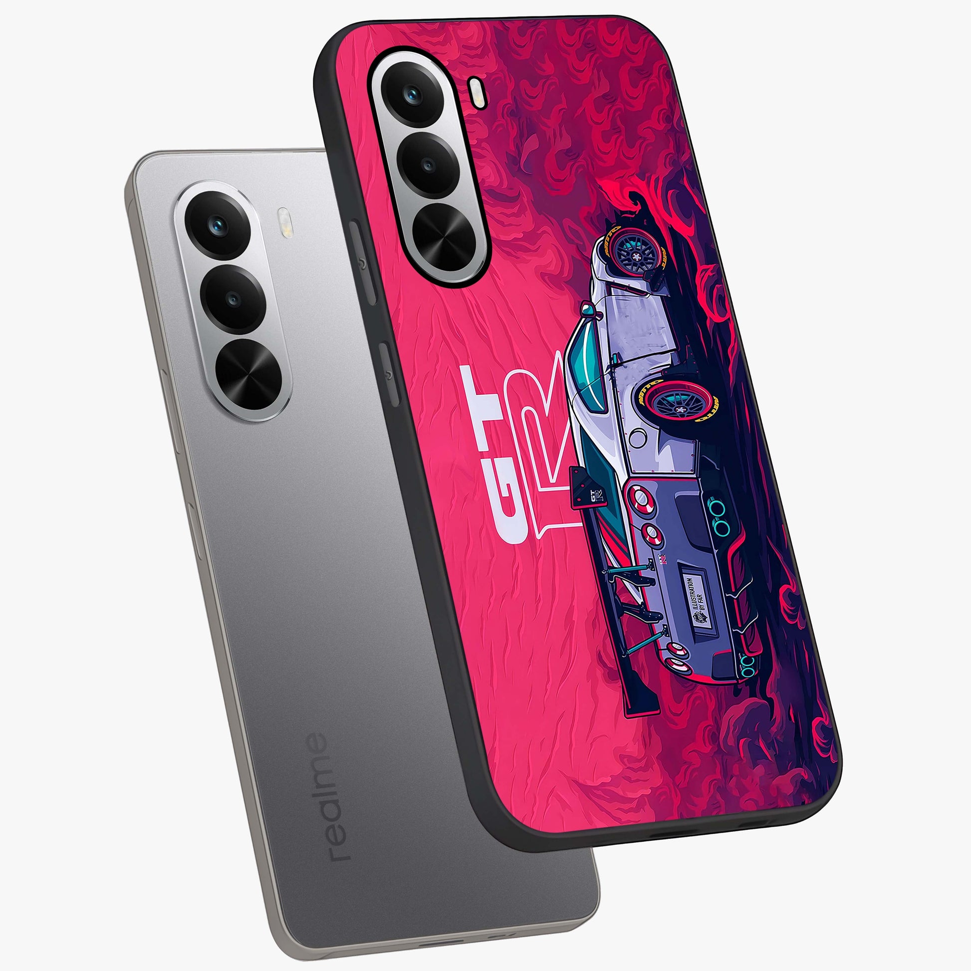 GT-R Car Pattern Glass Case displayed in angled mockup highlighting racing car graphic design with bold automotive aesthetic.