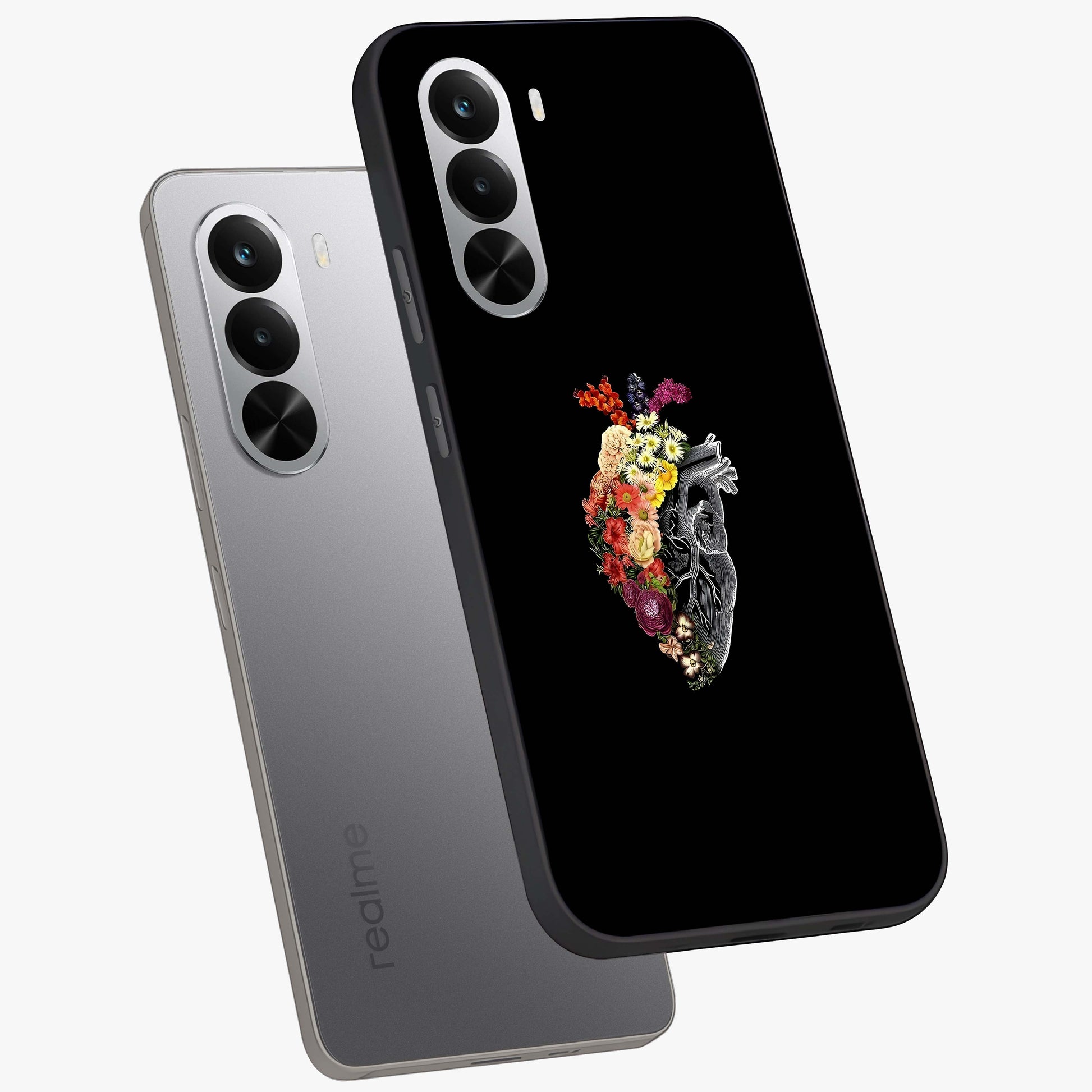 Heart With Flowers Glass Case displayed in angled mockup highlighting romantic flower design with soft aesthetic style.
