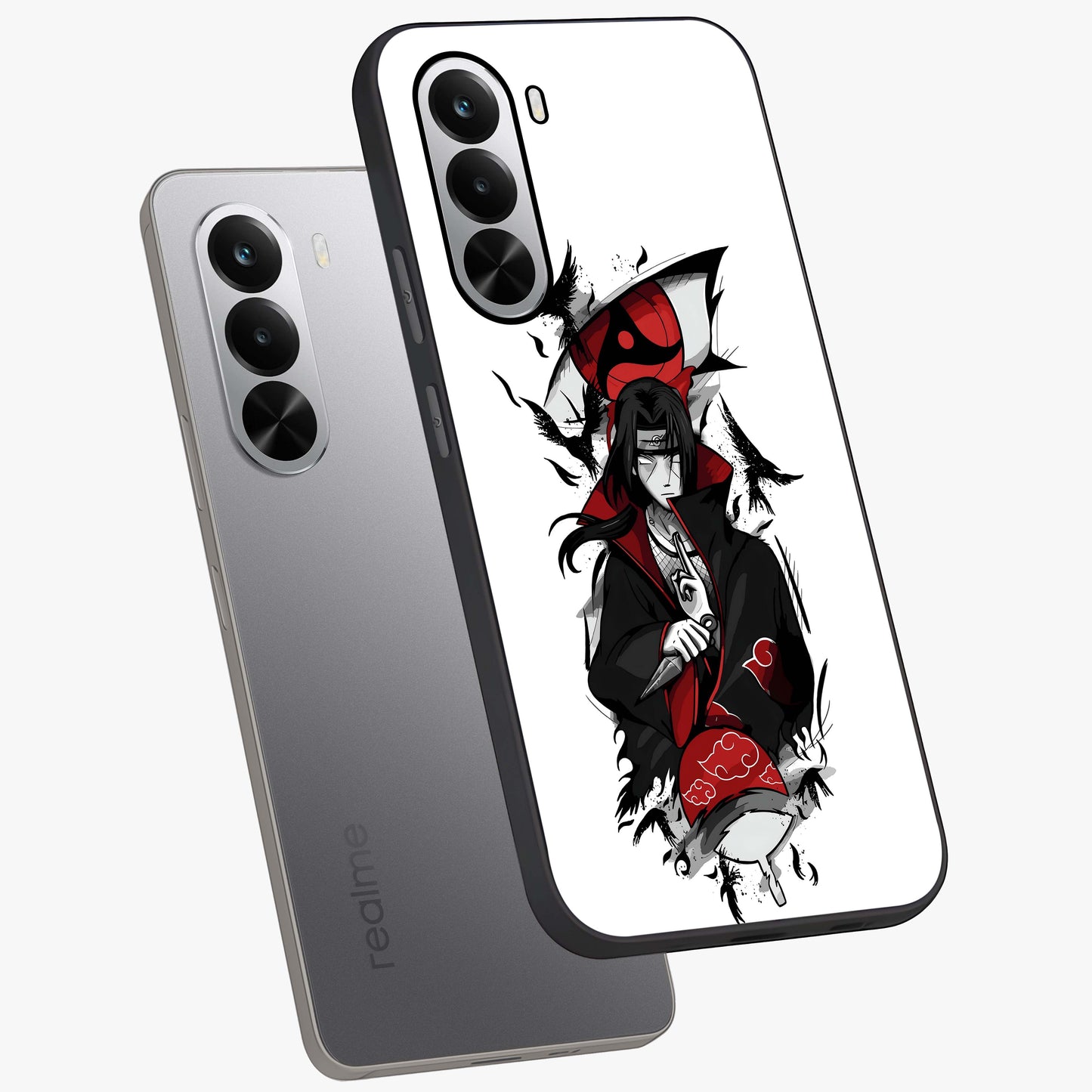 Itachi Limited Edition Naruto Anime Glass Case displayed in angled mockup highlighting dramatic anime illustration with bold action aesthetic.