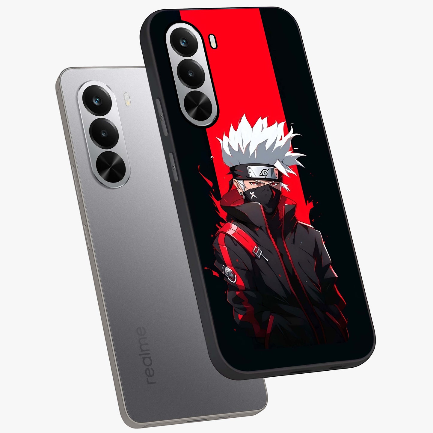 Kakashi Scarlet Shadow Glass Case displayed in angled mockup highlighting dramatic ninja illustration with scarlet themed aesthetic.