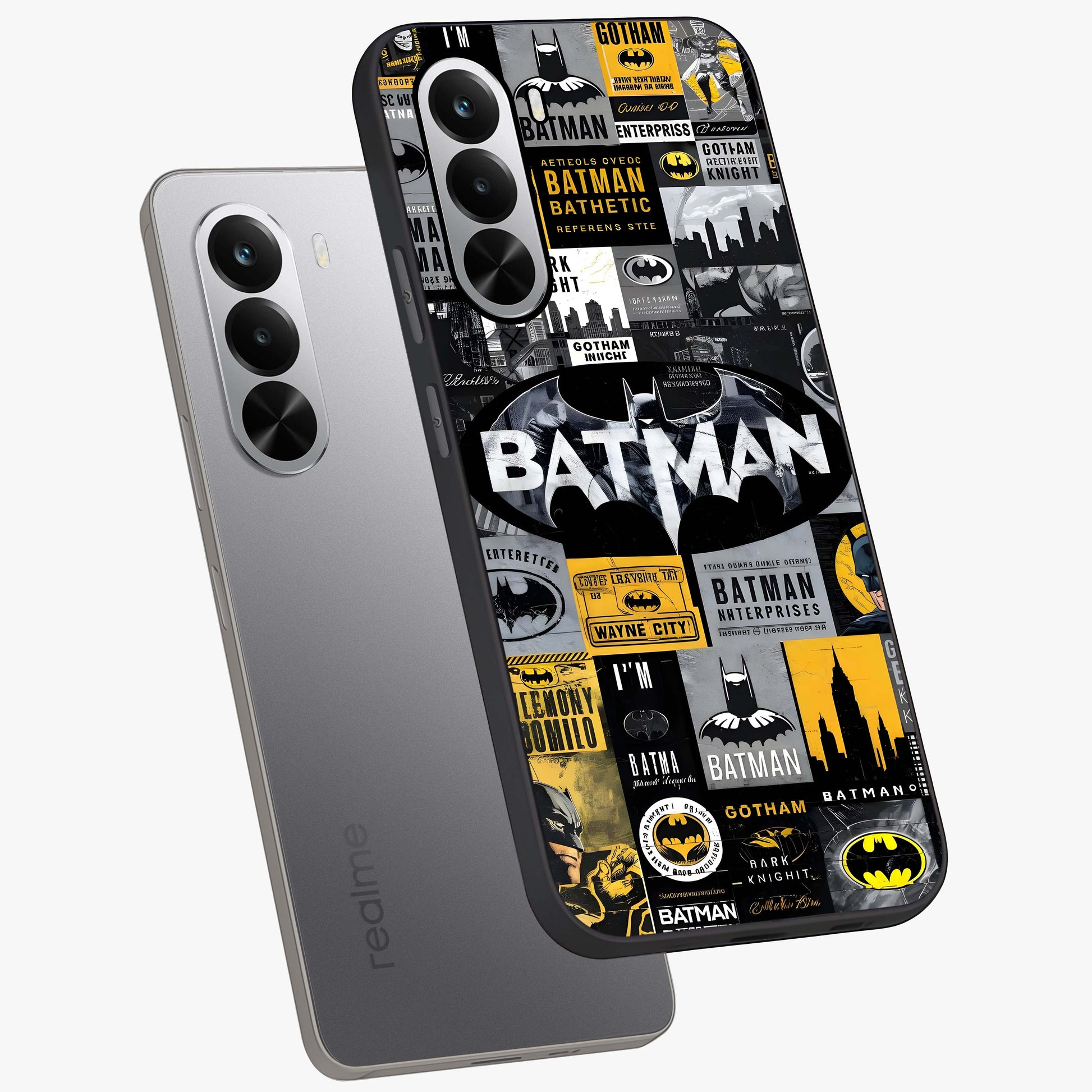 Knight Gotham Rise Glass Case displayed in angled mockup highlighting powerful knight silhouette design with dramatic aesthetic.