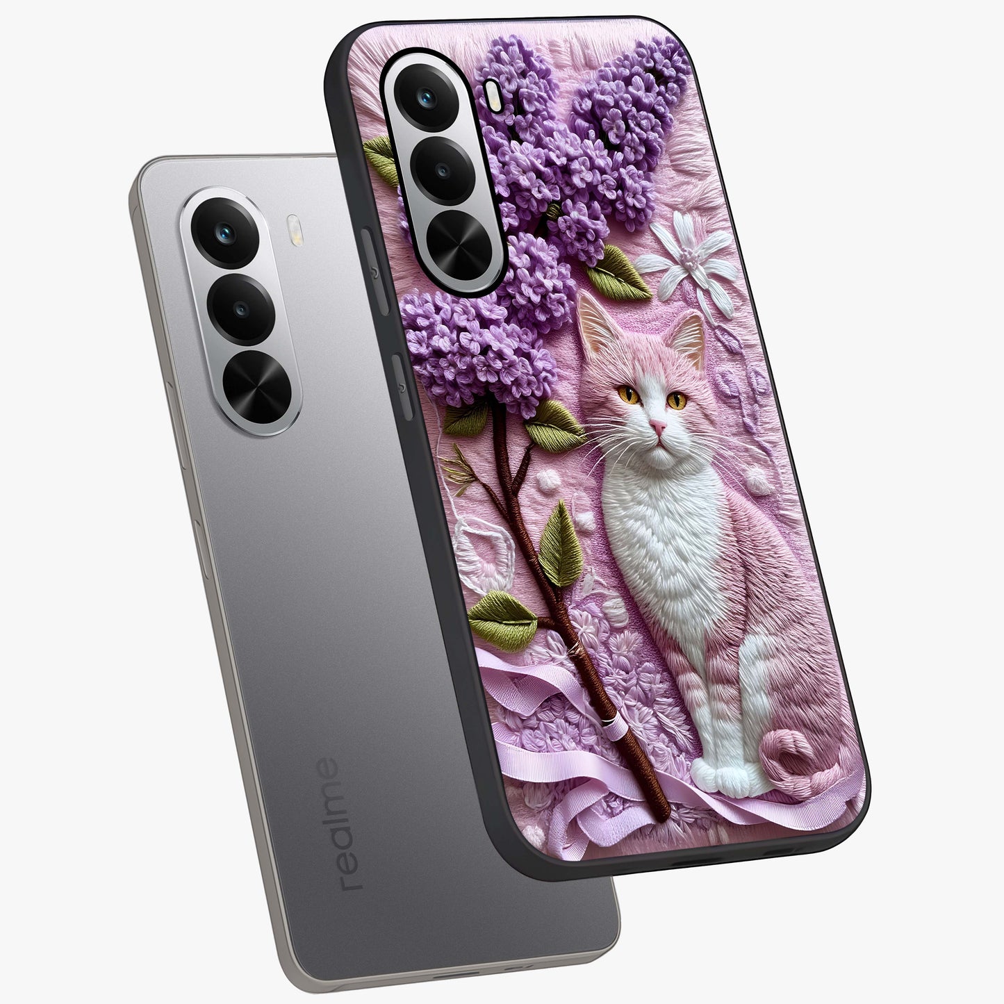 Lavender Cat Whimsy Glass Case displayed in angled mockup highlighting playful feline illustration with pastel lavender aesthetic.