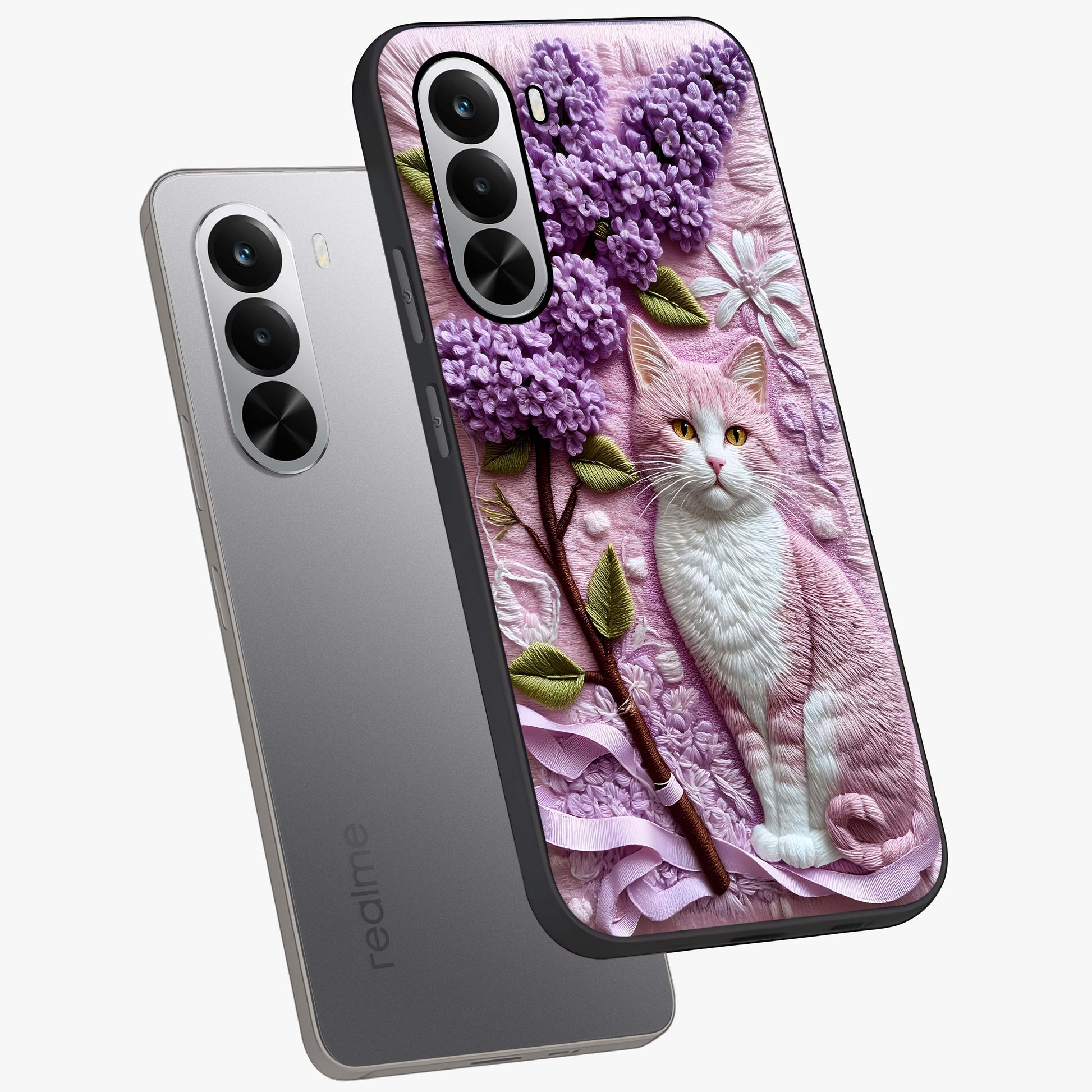 Lavender Cat Whimsy Glass Case displayed in angled mockup highlighting playful feline illustration with pastel lavender aesthetic.