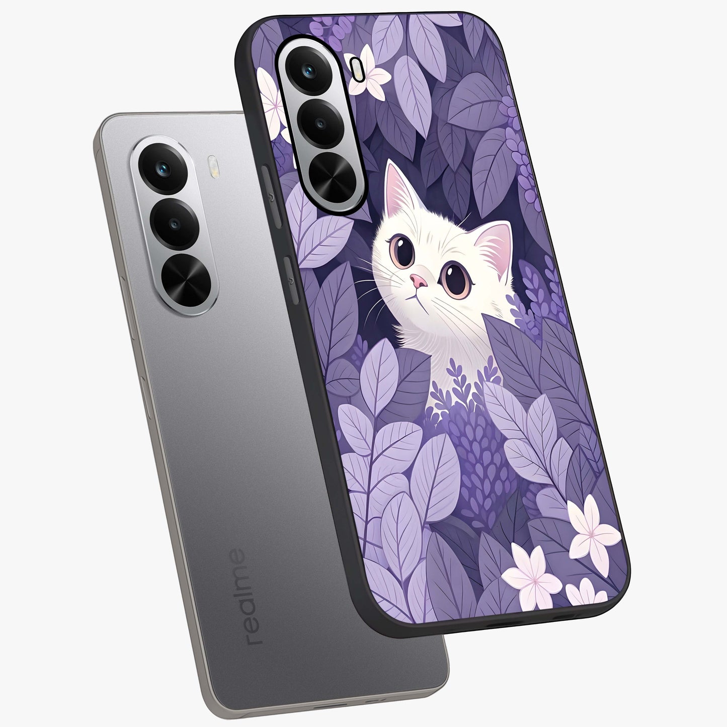 Lilac Hide Peek Cat Glass Case displayed in angled mockup highlighting playful feline illustration with lilac aesthetic design.