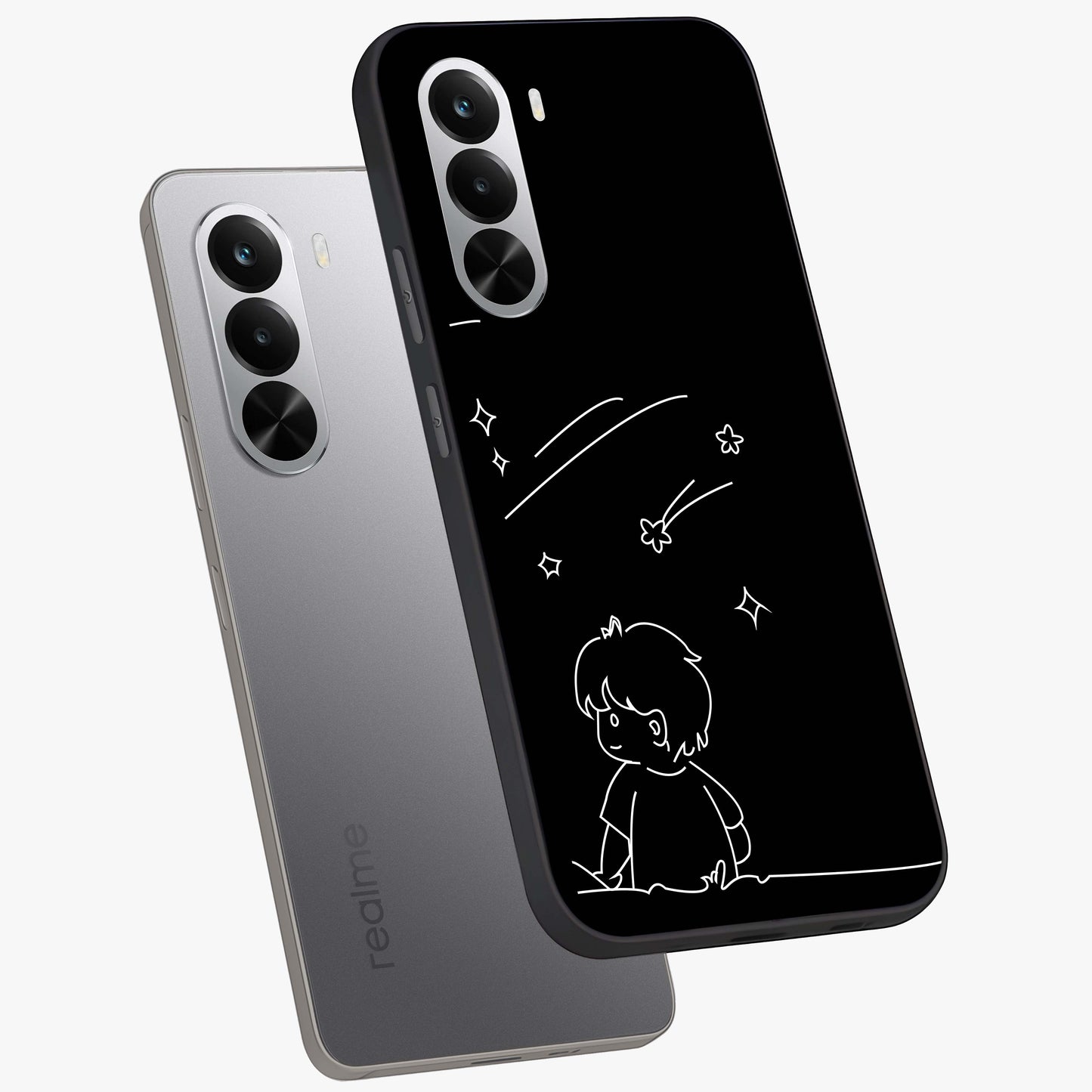 Line Art Boy With Shooting Stars Glass Case displayed in angled mockup highlighting elegant line art design with dreamy star aesthetic.