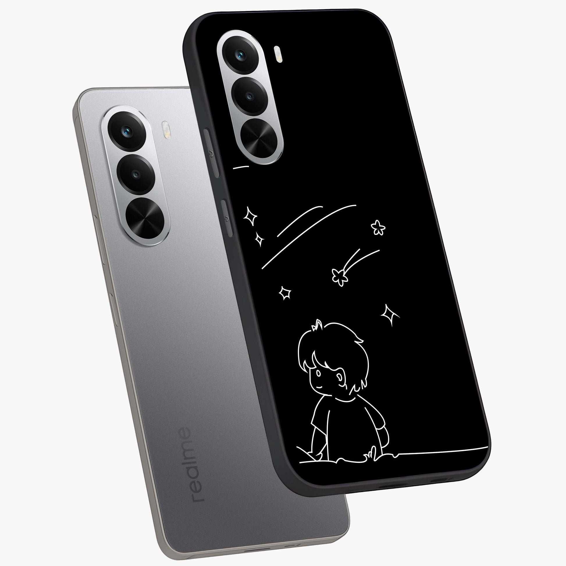 Line Art Boy With Shooting Stars Glass Case displayed in angled mockup highlighting elegant line art design with dreamy star aesthetic.