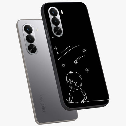 Line Art Boy With Shooting Stars Glass Case displayed in angled mockup highlighting elegant line art design with dreamy star aesthetic.