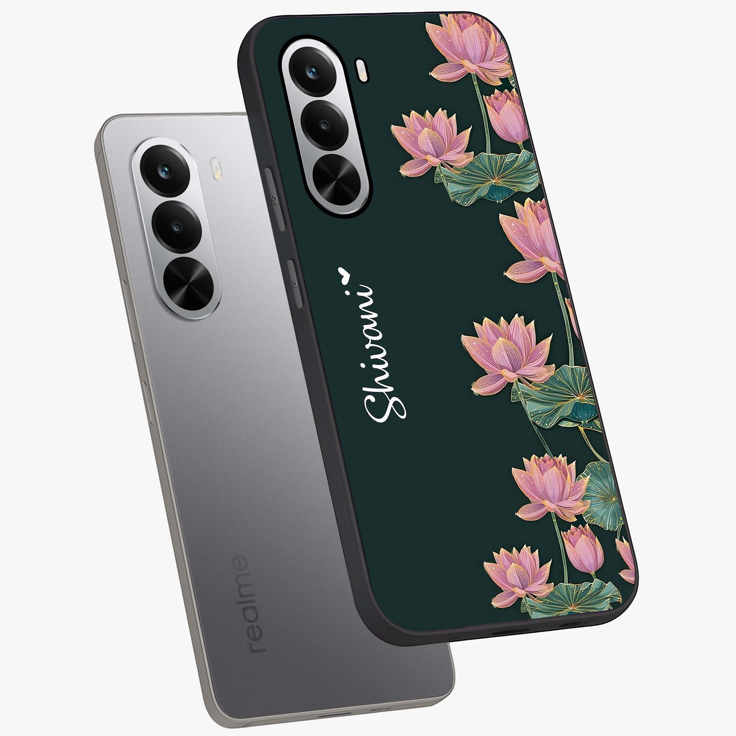 Lotus Bloom Serenity Custom Name Glass Case displayed in angled mockup highlighting graceful lotus illustration with custom name feature.