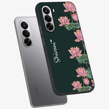 Lotus Bloom Serenity Custom Name Glass Case displayed in angled mockup highlighting graceful lotus illustration with custom name feature.