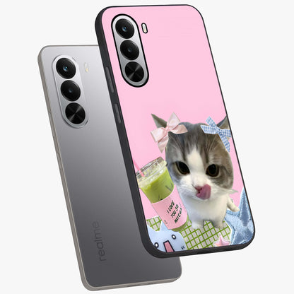 Love Matcha Cat Glass Case displayed in angled mockup highlighting playful feline illustration with cozy matcha aesthetic.