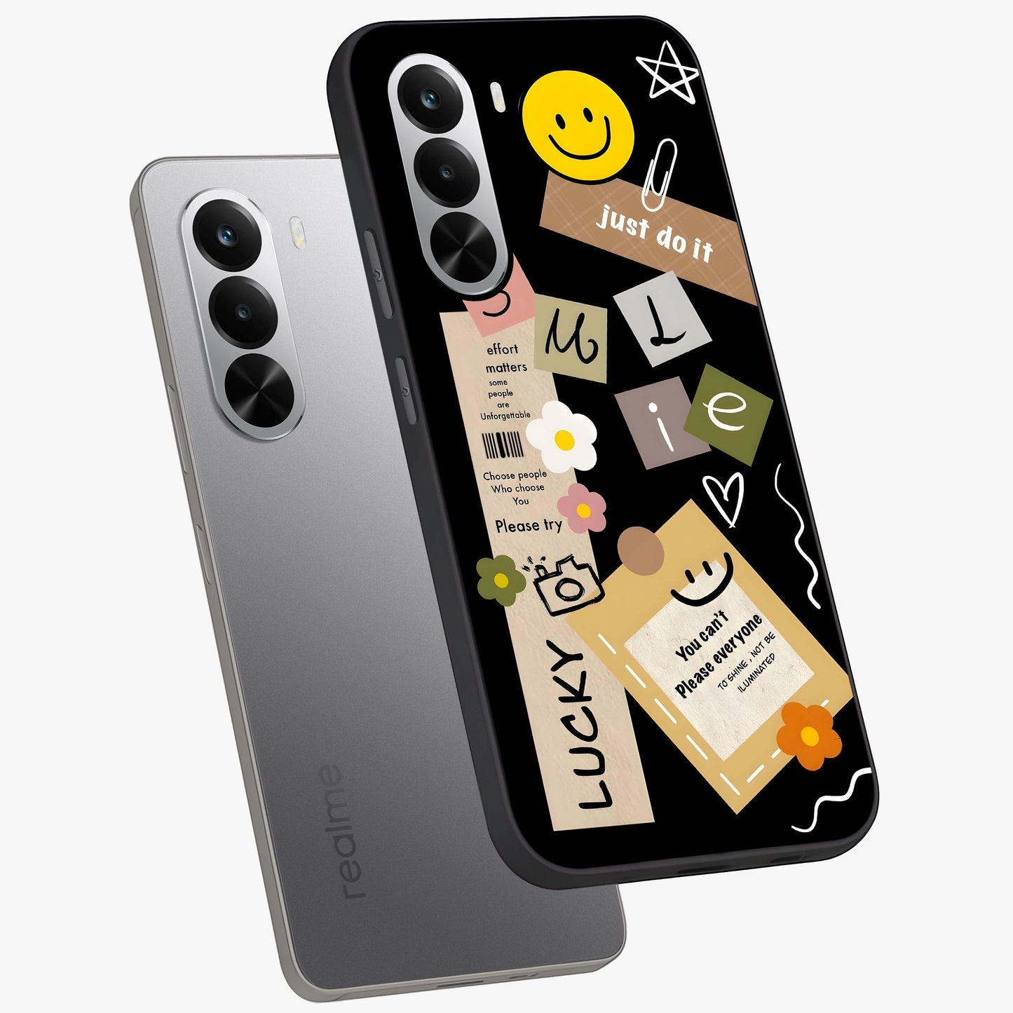Lucky Aesthetic Collage Glass Case displayed in angled mockup highlighting stylish collage pattern with modern aesthetic vibe.