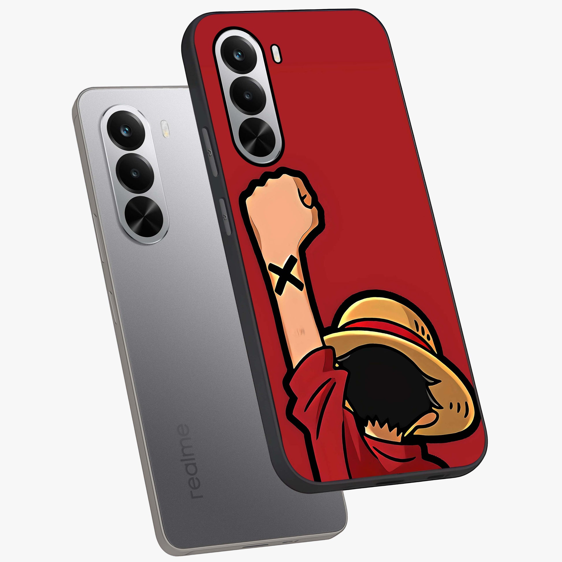 Luffy X Spirit Glass Case displayed in angled mockup highlighting powerful anime design with energetic action aesthetic.