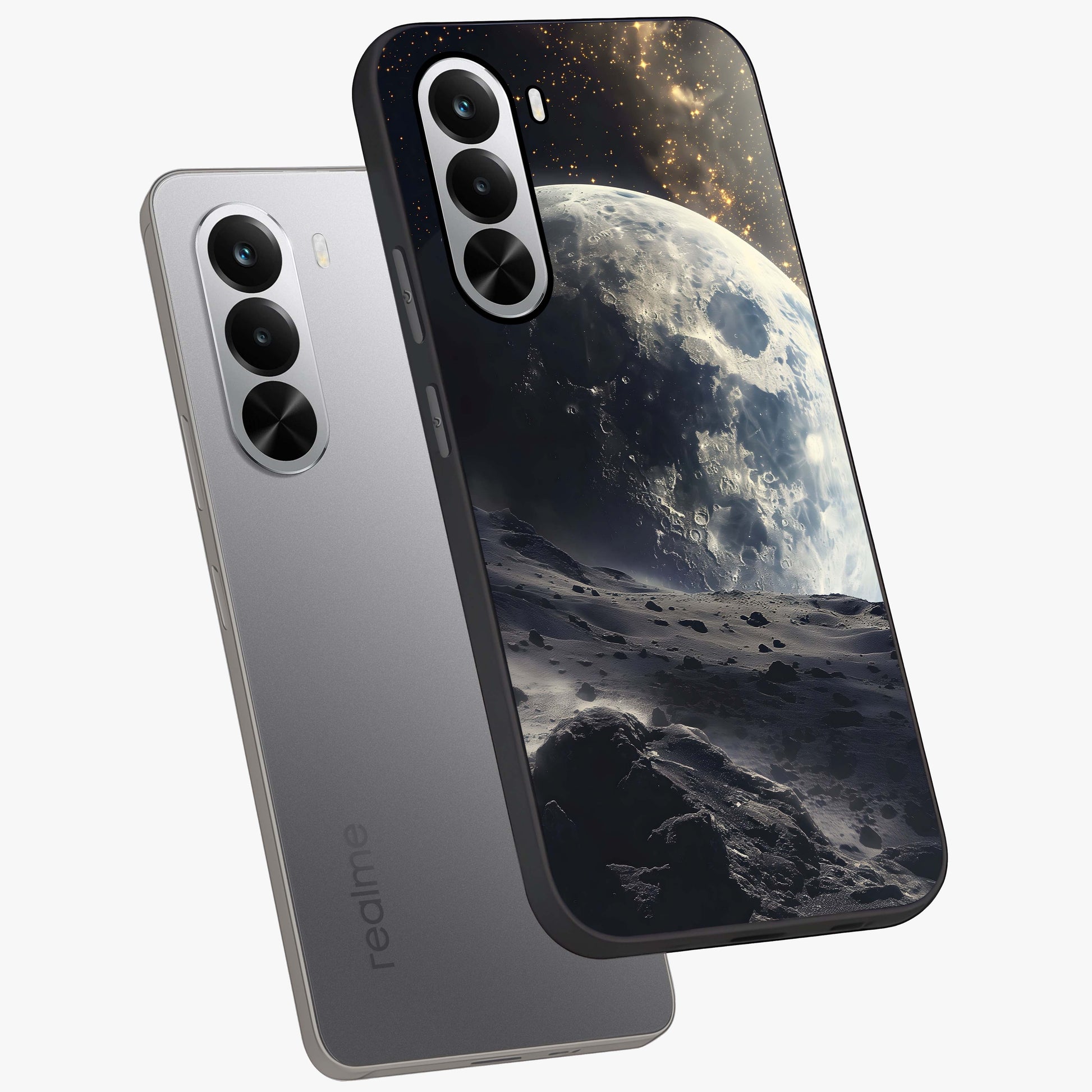 Lunar Horizon Glow Glass Case displayed in angled mockup highlighting celestial moon design with dreamy night aesthetic.