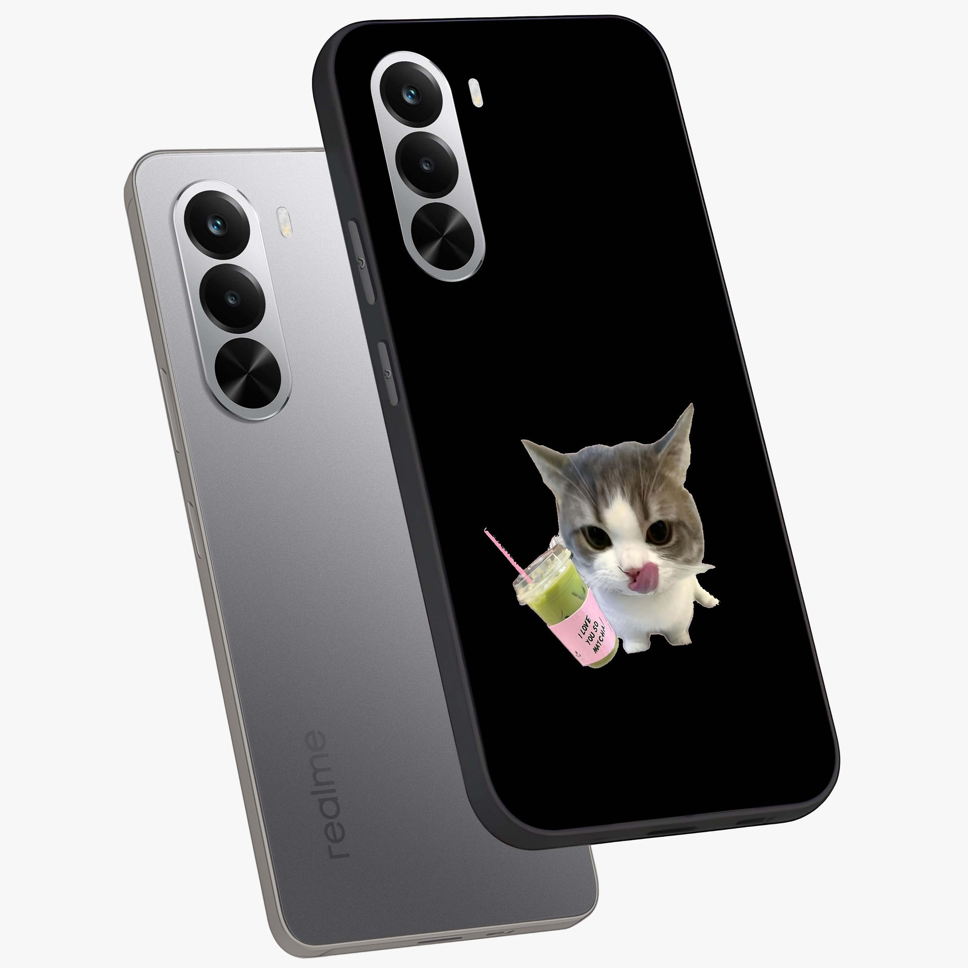 Matcha Cat Style Glass Case displayed in angled mockup highlighting playful feline design with pastel matcha aesthetic.