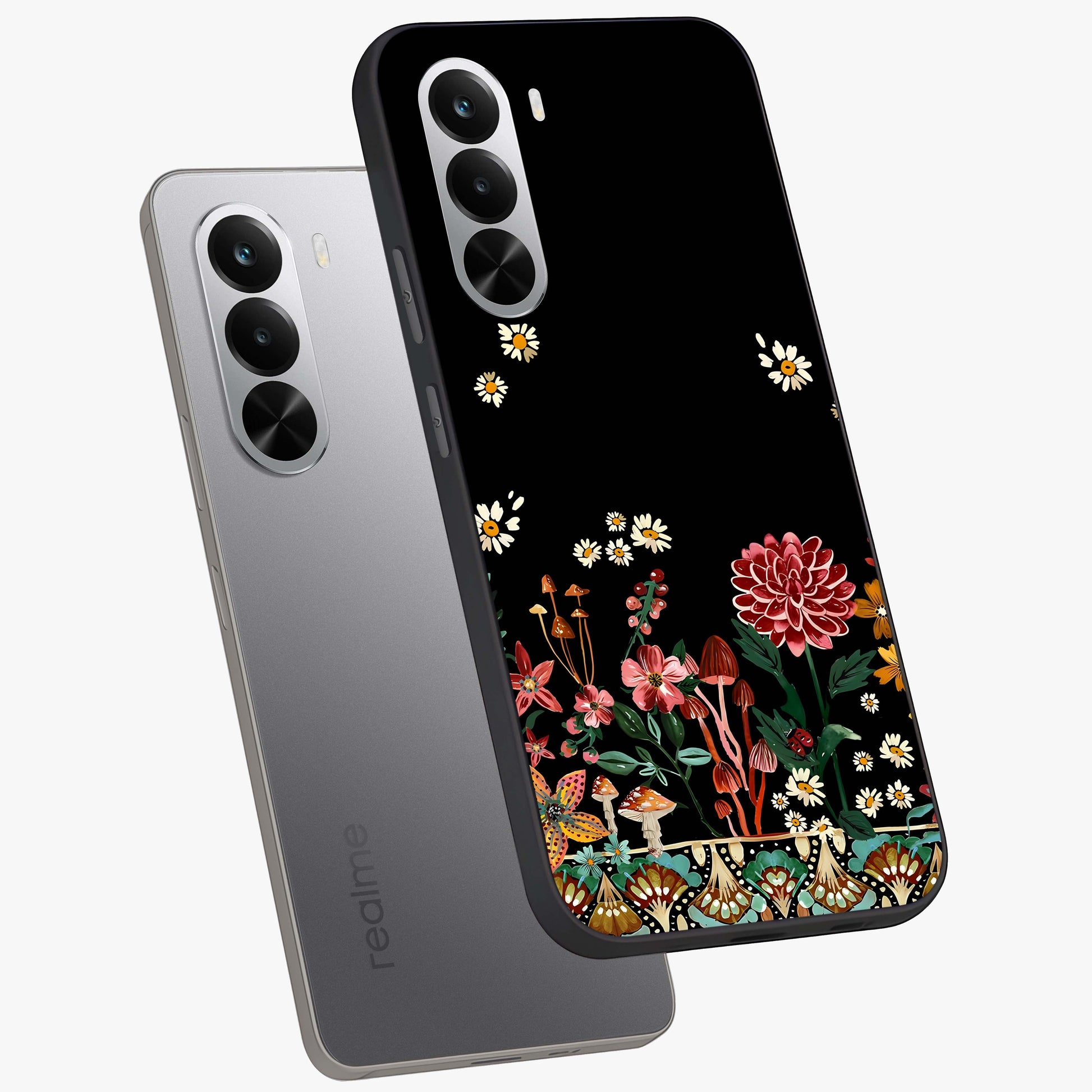 Midnight Bloom Pattern Glass Case displayed in angled mockup highlighting elegant flower design with midnight aesthetic style.
