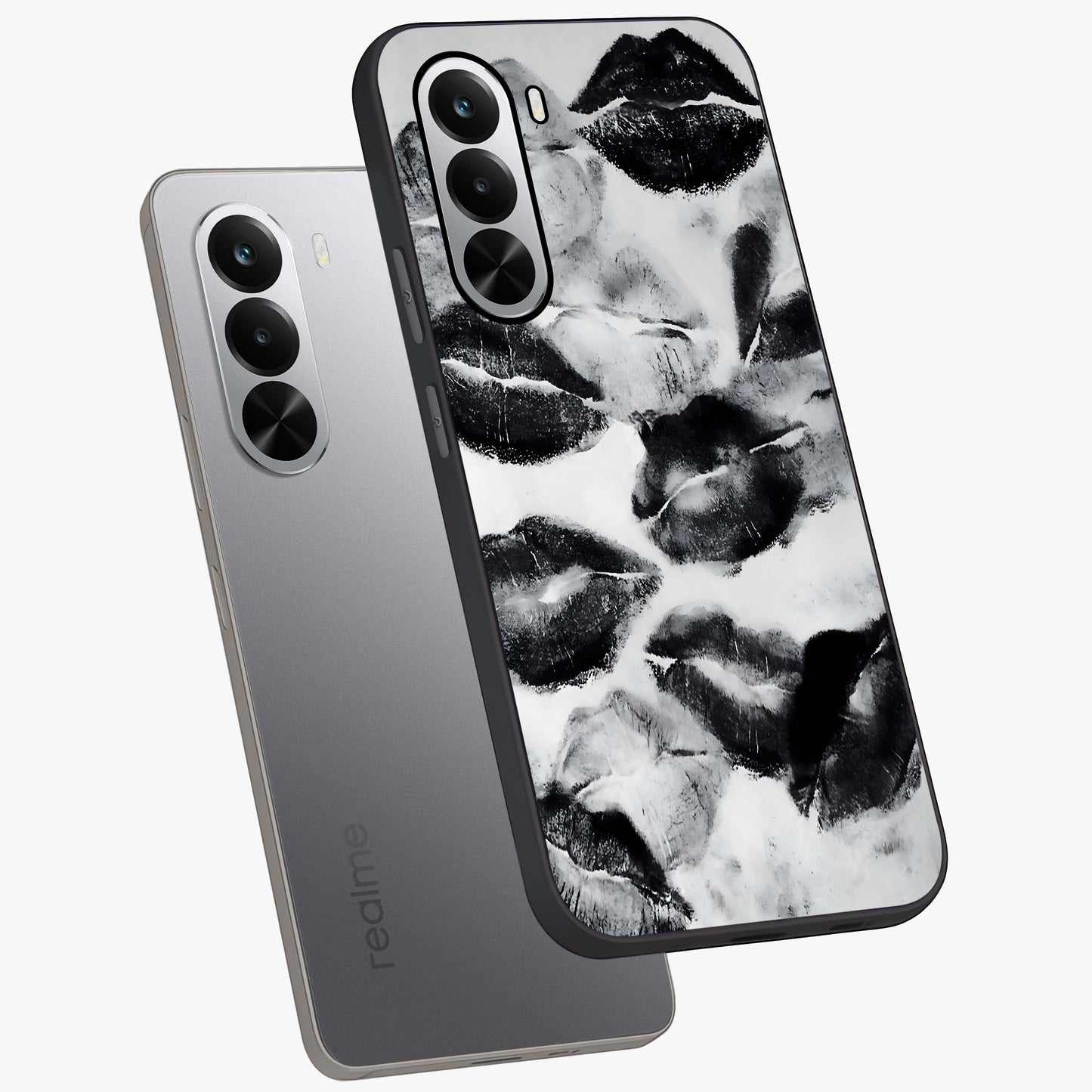 Midnight Kiss Marks Glass Case displayed in angled mockup highlighting playful romantic design with bold midnight aesthetic.