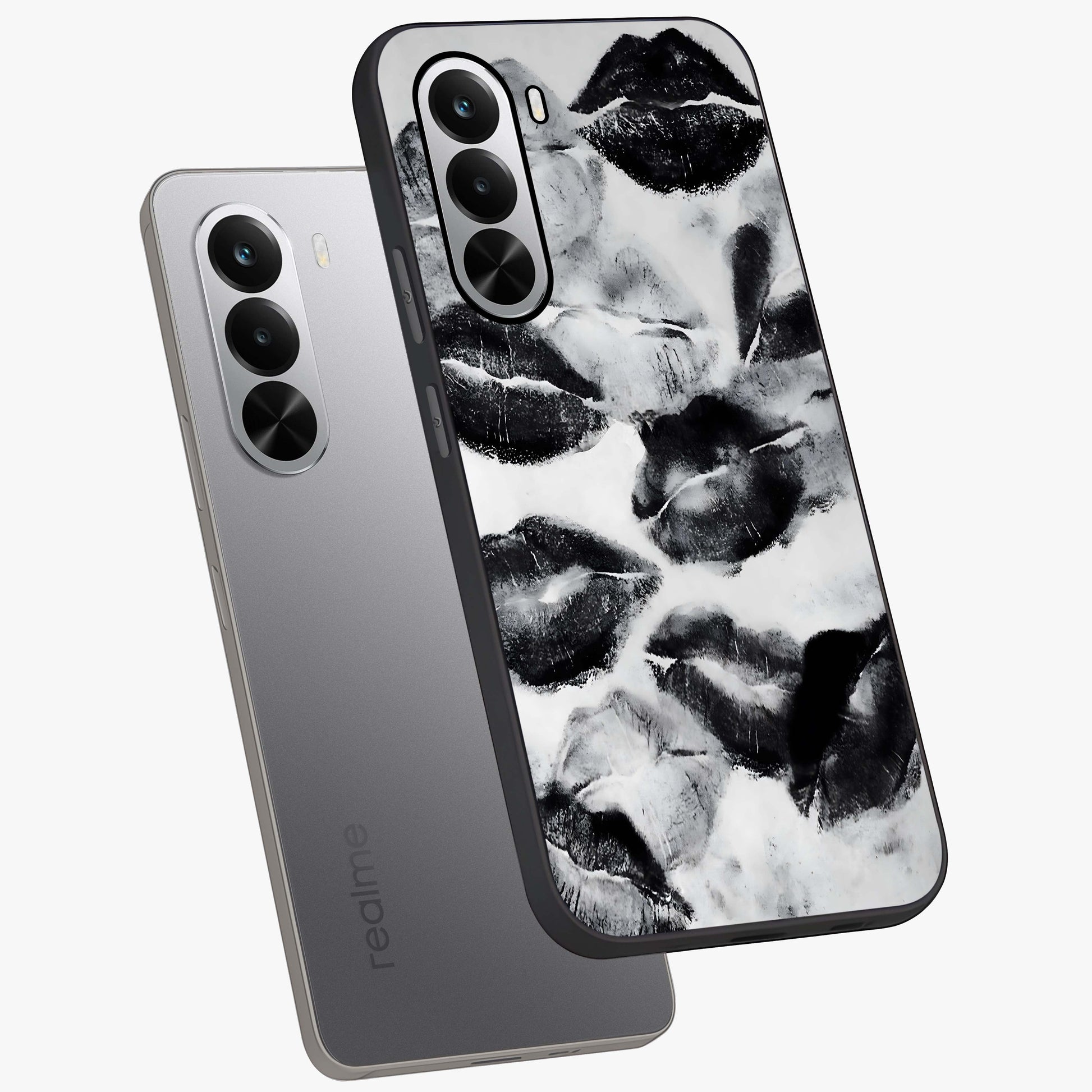 Midnight Kiss Marks Glass Case displayed in angled mockup highlighting playful romantic design with bold midnight aesthetic.