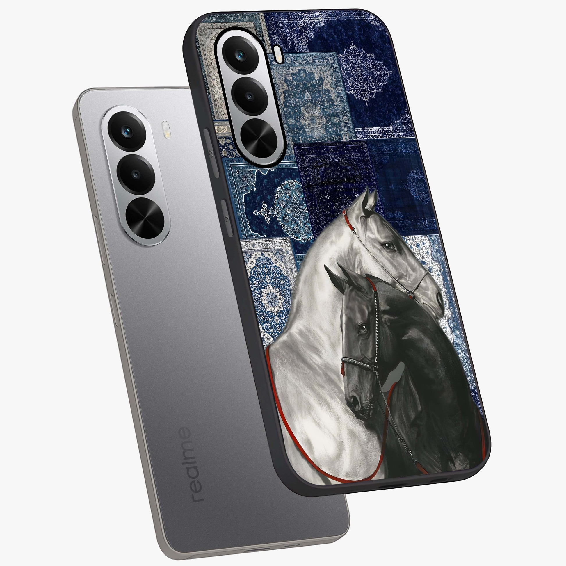 Midnight Stallion Blues Glass Case displayed in angled mockup highlighting powerful stallion illustration with deep midnight tones.