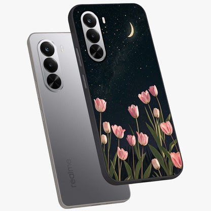 Midnight Tulip Whispers Vibe Glass Case displayed in angled mockup highlighting delicate tulip design with midnight floral aesthetic.