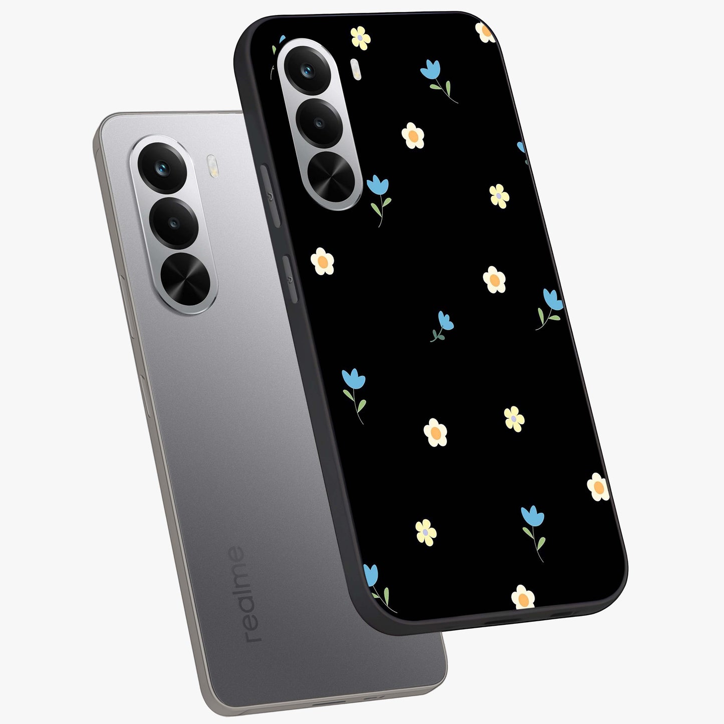 Minimal Petal Whispers Glass Case displayed in angled mockup highlighting delicate petal design with clean minimal aesthetic.