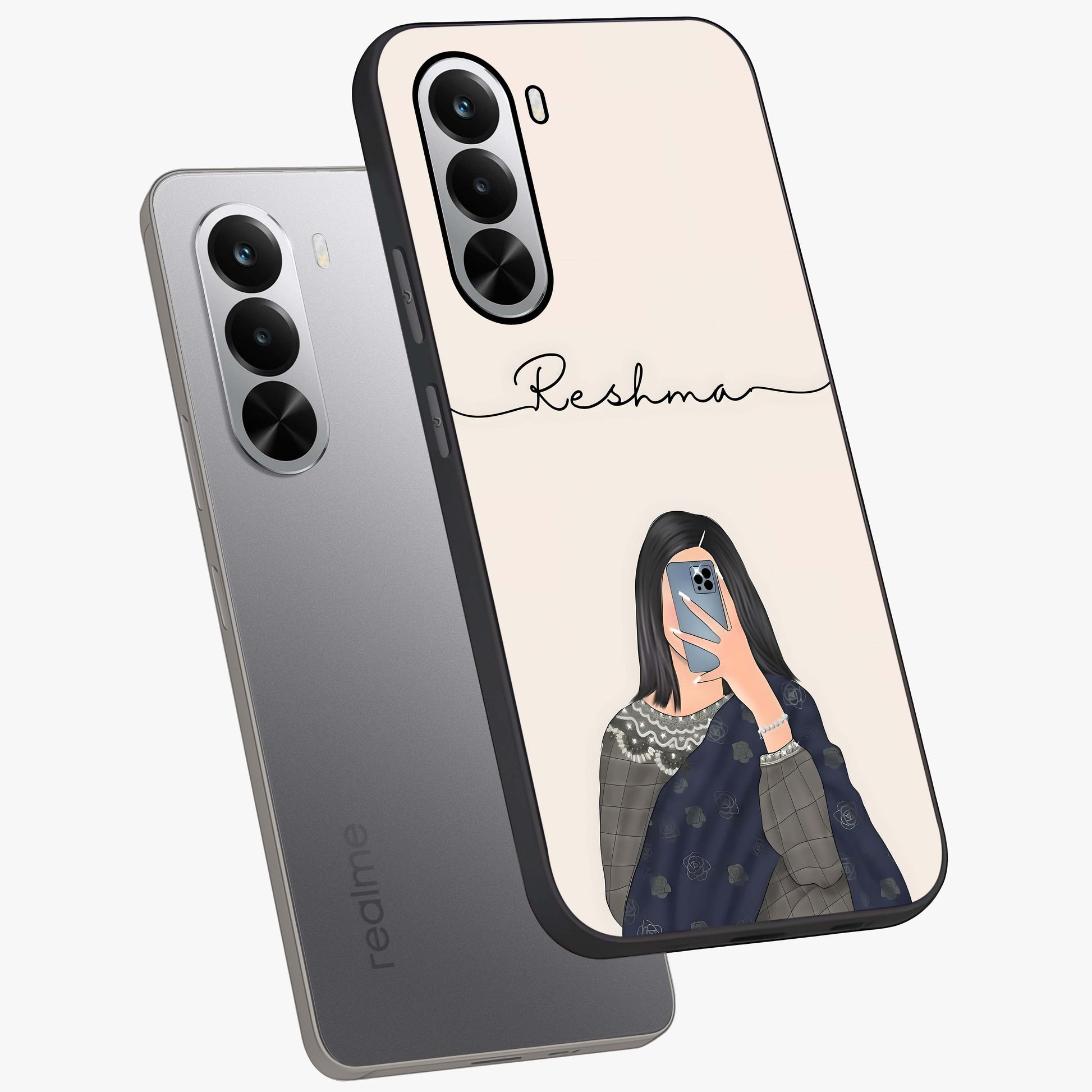 Mirror Mood Muse With Custom Name Glass Case displayed in angled mockup highlighting aesthetic mirror inspired design with custom name feature.