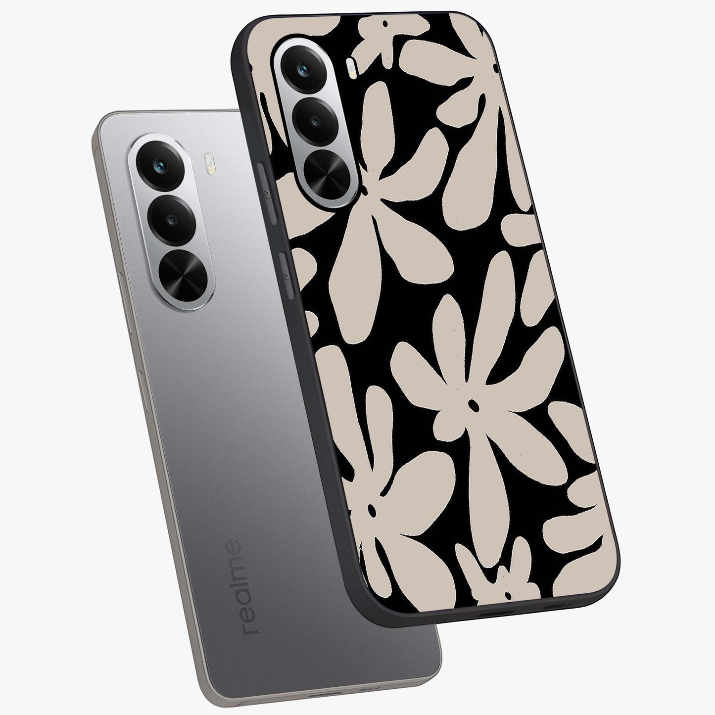 Monochrome Petal Dance Glass Case displayed in angled mockup highlighting elegant petal design with black and white aesthetic.