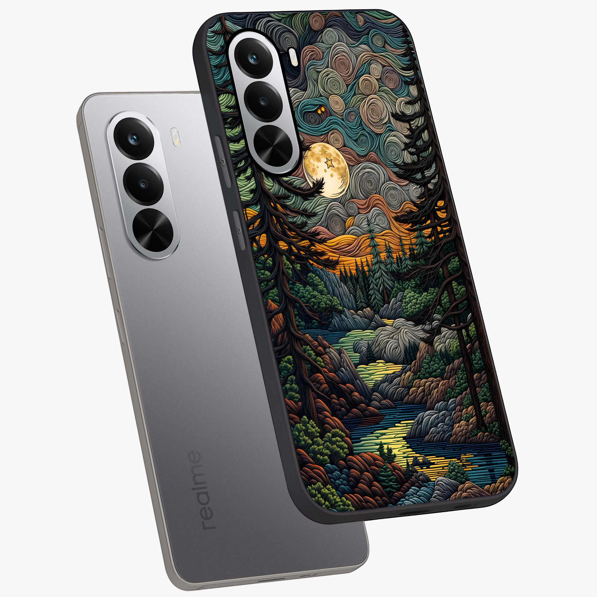 Moonlight Forest Dream Glass Case displayed in angled mockup highlighting dreamy forest design with glowing moon aesthetic.