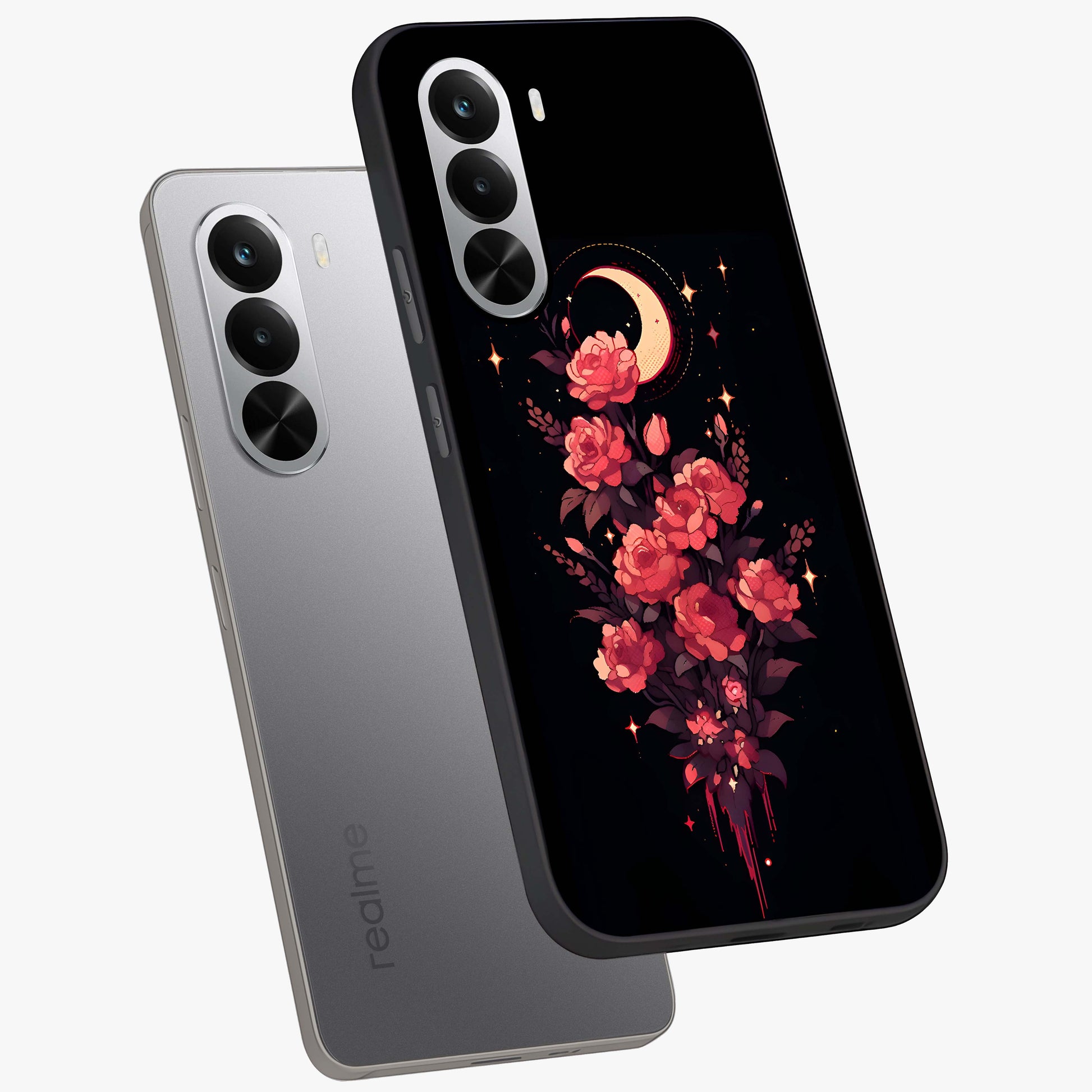 Moonlit Floral Elegance Glass Case displayed in angled mockup highlighting graceful flower design with soft moonlight aesthetic.