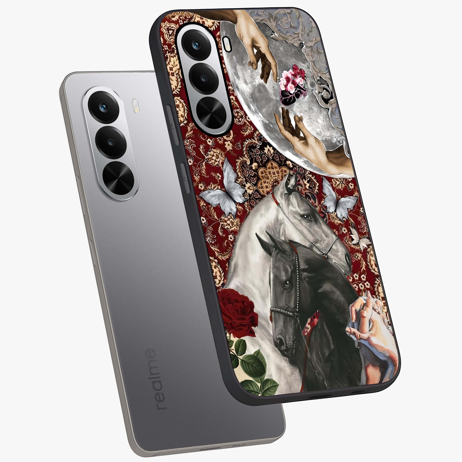 Moonlit Royal Stallion Glass Case displayed in angled mockup highlighting powerful stallion illustration with royal night aesthetic.