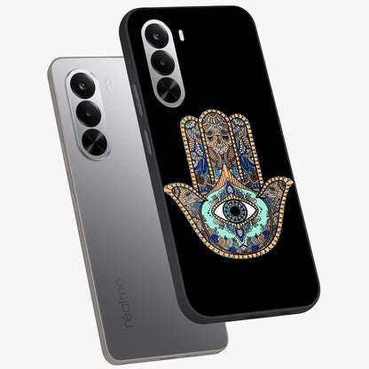 Mystic Hamsa Eye Glass Case displayed in angled mockup highlighting spiritual hamsa symbol with mystical aesthetic style.