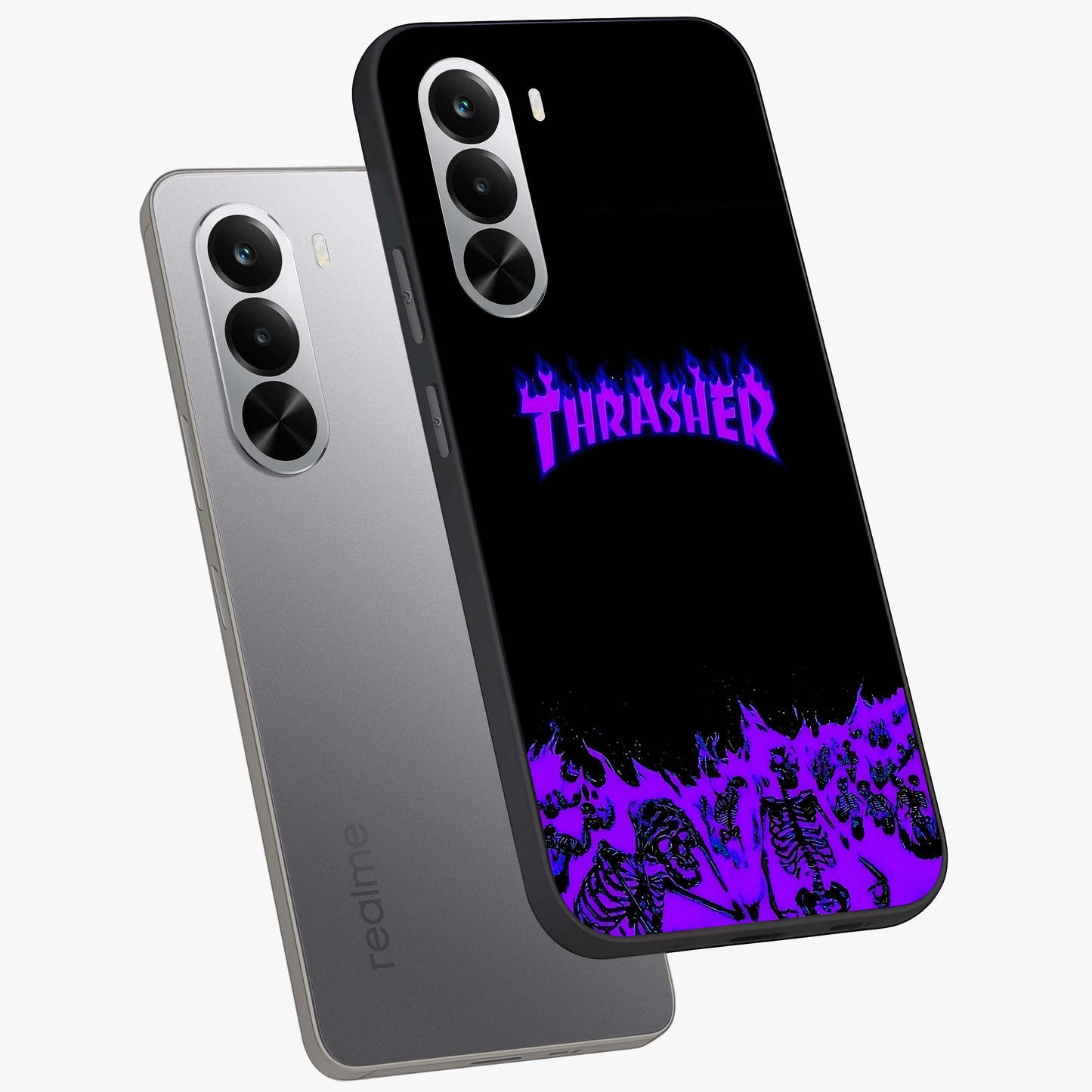 Neon Flame Riot Glass Case displayed in angled mockup highlighting glowing flame design with vibrant neon aesthetic.