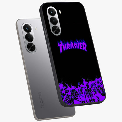 Neon Flame Riot Glass Case displayed in angled mockup highlighting glowing flame design with vibrant neon aesthetic.