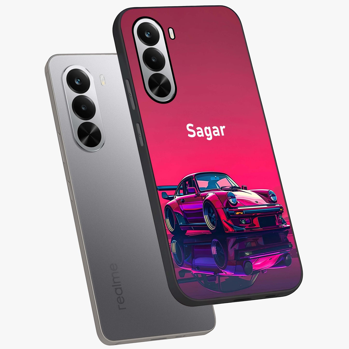 Neon Pink Porsche Glass Case displayed in angled mockup highlighting sleek neon pink car design with racing aesthetic.