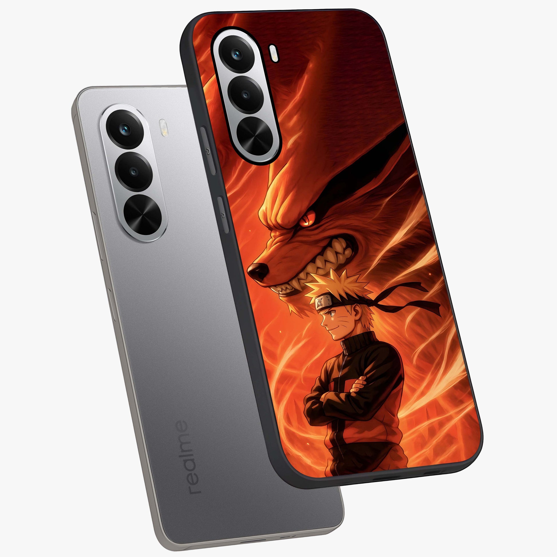 Nine Tails Legacy Glass Case displayed in angled mockup highlighting dynamic anime beast illustration with bold mystical aesthetic.