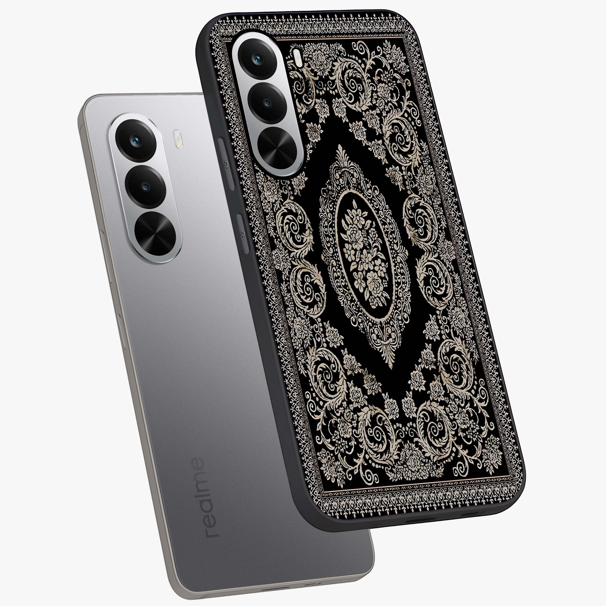 Noir Bloom Elegance Glass Case displayed in angled mockup highlighting refined flower design with stylish noir aesthetic.
