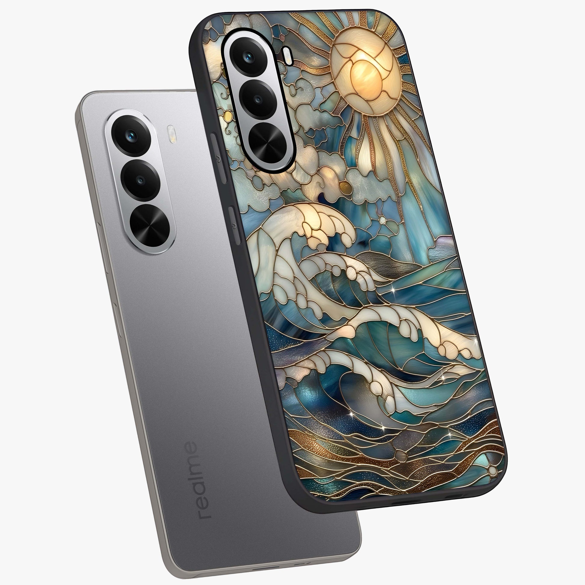 Oceanic Stained Printed Glass Case displayed in angled mockup highlighting colorful aquatic design with artistic aesthetic style.