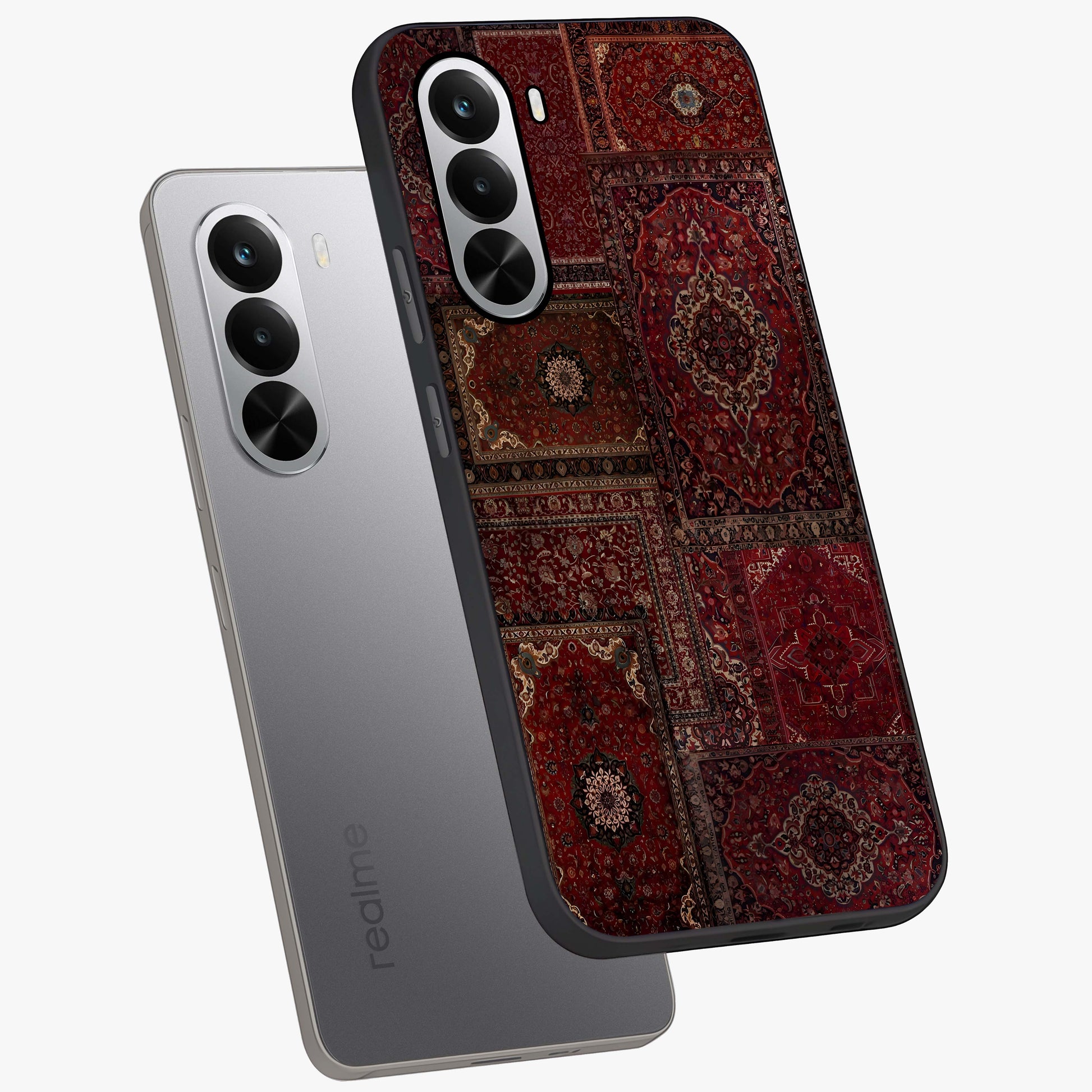 Persian Velvet Tale Glass Case displayed in angled mockup highlighting ornate textile inspired design with royal aesthetic.