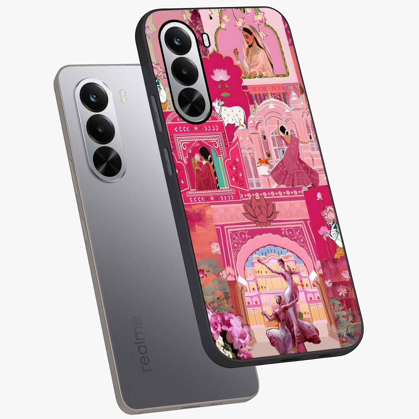 Pink Palace Muse Glass Case displayed in angled mockup highlighting dreamy palace illustration with soft pink aesthetic.