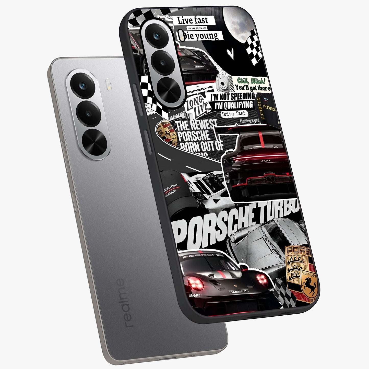 Porsche Racing Collage Glass Case displayed in angled mockup highlighting dynamic automotive design with bold racing aesthetic.
