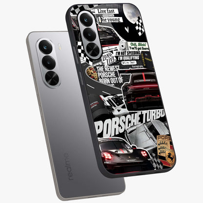 Porsche Racing Collage Glass Case displayed in angled mockup highlighting dynamic automotive design with bold racing aesthetic.
