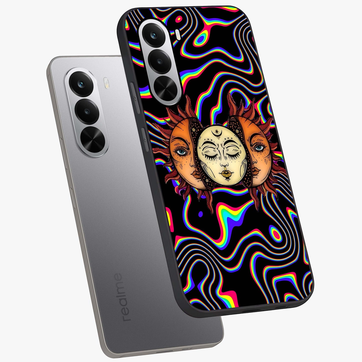 Psychedelic Sun Glass Case displayed in angled mockup highlighting vibrant abstract sun design with artistic aesthetic style.