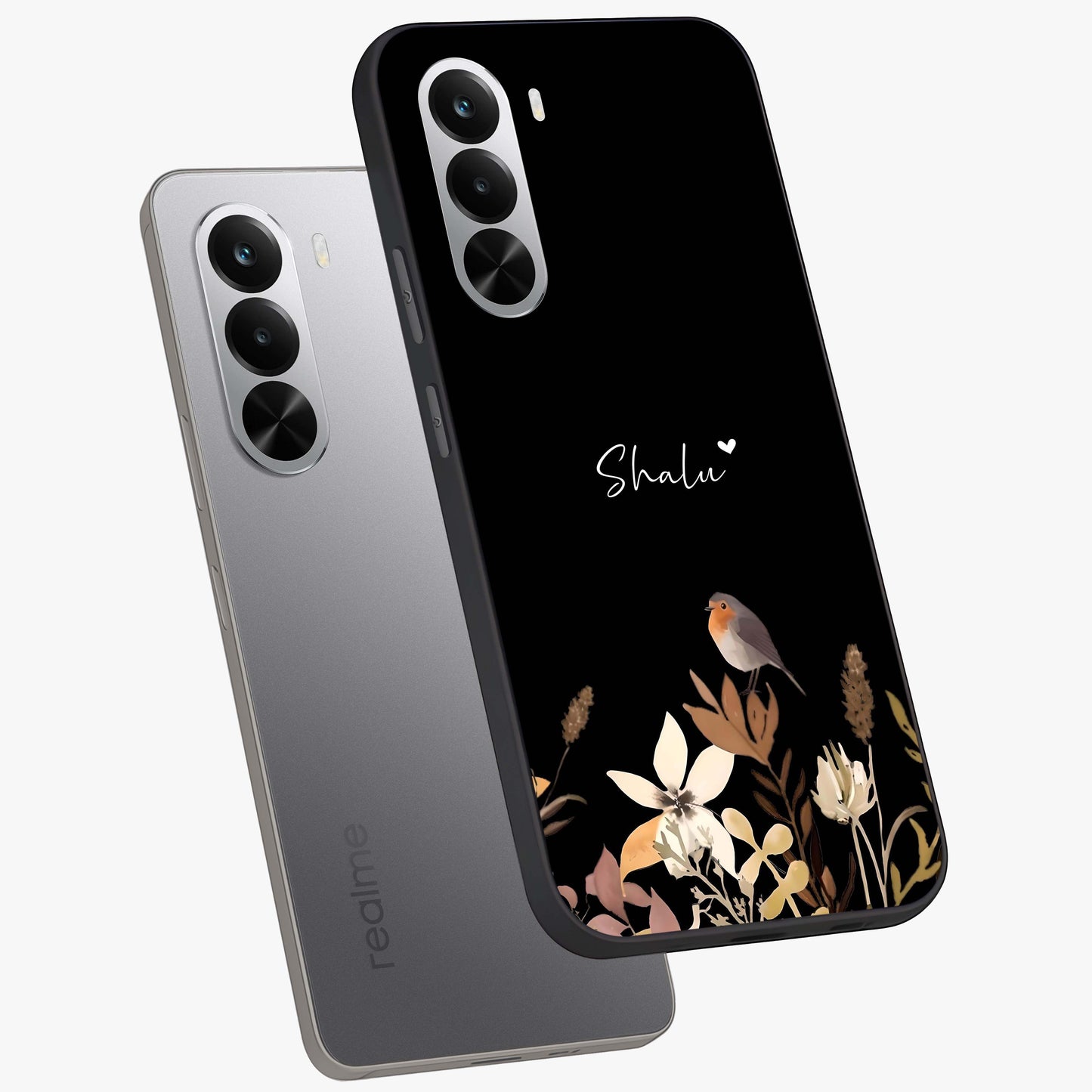 Quiet Garden Tune Custom Name Glass Case displayed in angled mockup highlighting delicate floral garden design with custom name feature.
